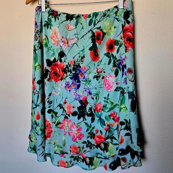 Soft Satin style floral asymmetrical midi skirt layered colorful - Picture 3 of 6